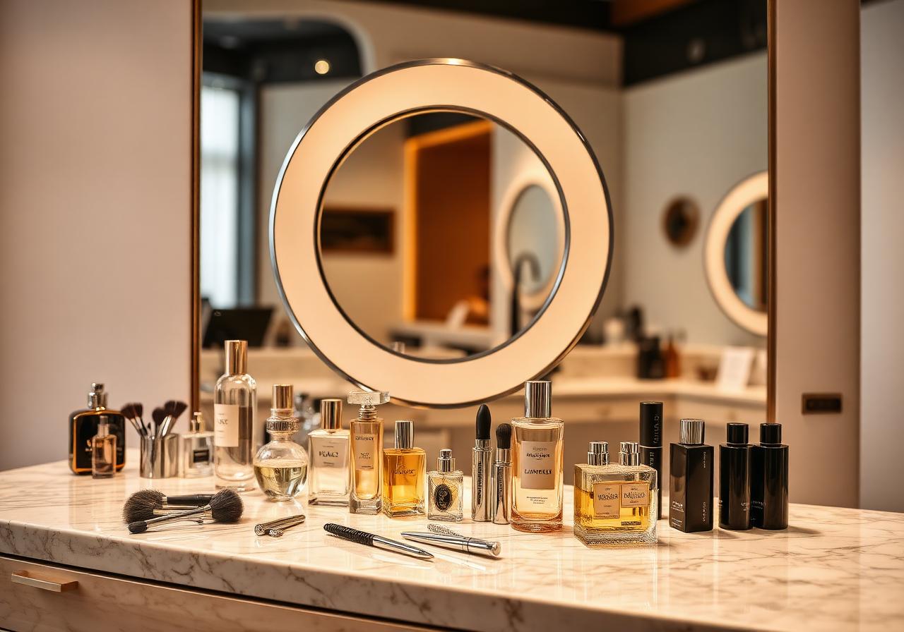 Luxury salon styling station with chrome tools and warm vanity lighting — Stylez By Ra editorial hair styling and event glam.