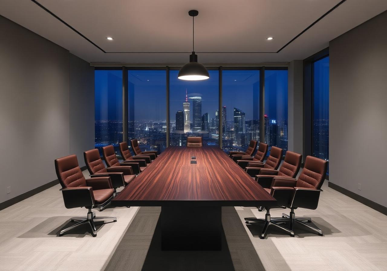 Executive boardroom with brushed-metal table and panoramic city skyline view — N3wera Consulting business strategy and operations.