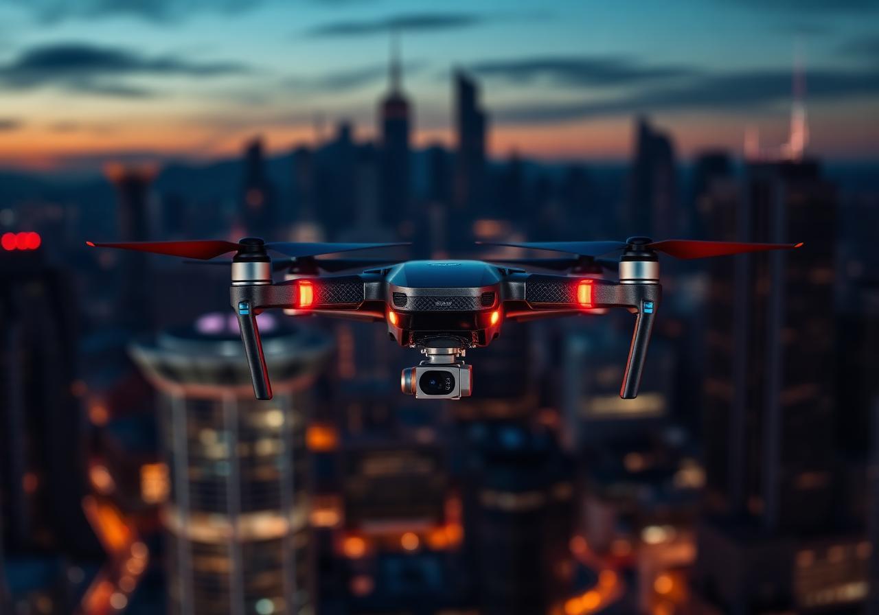 Professional cinema drone hovering against a twilight city skyline — Drone Visuals by M2 aerial videography and photography.