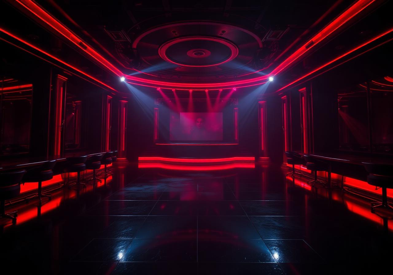Empty luxury nightclub stage bathed in deep red and chrome lighting — N3wera Events festival and nightlife production in Atlanta.