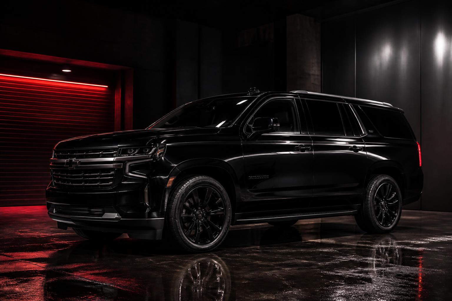 Blacked-out luxury Chevrolet Suburban SUV parked in a moody chrome-lit garage — N3wera Exotics luxury vehicle fleet.