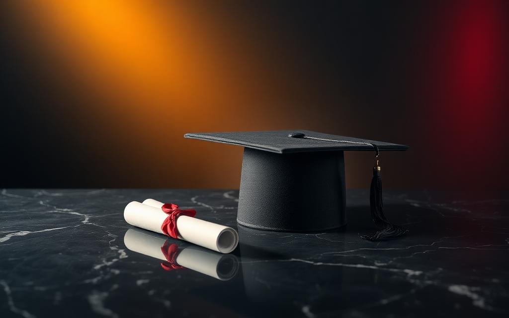 Graduation cap and diploma on polished dark marble under warm gold spotlight — Ivey5 Foundation scholarships and academic legacy.