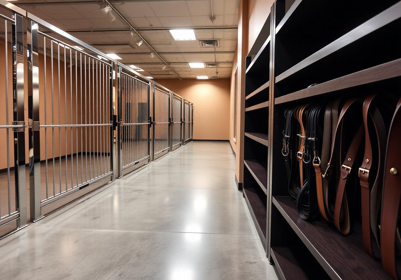 Premium kennel facility interior with leather, brushed metal and chrome detailing — N3wera Bullies American Bully breeding program.