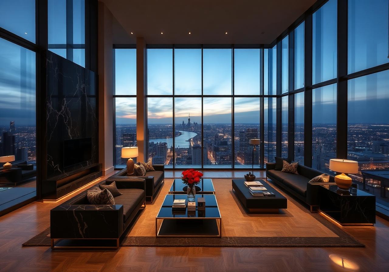 Modern luxury penthouse interior at dusk with floor-to-ceiling skyline views — N3wera Living real estate and investment properties.