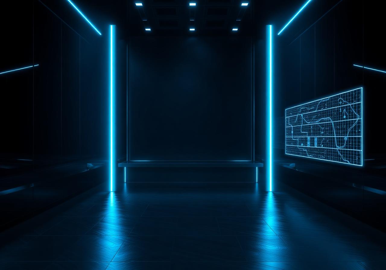 Futuristic digital creative studio with holographic UI wireframes floating over an obsidian workspace — PMJ Media web design and development agency.