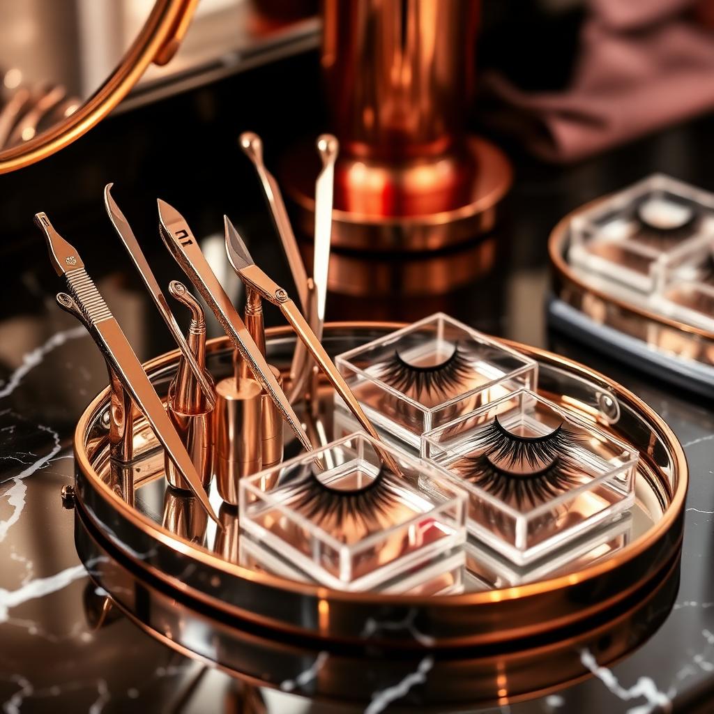 Luxury rose-gold lash station with chrome tweezers and mink lash trays on black marble — Slayed By Lala lash artistry.