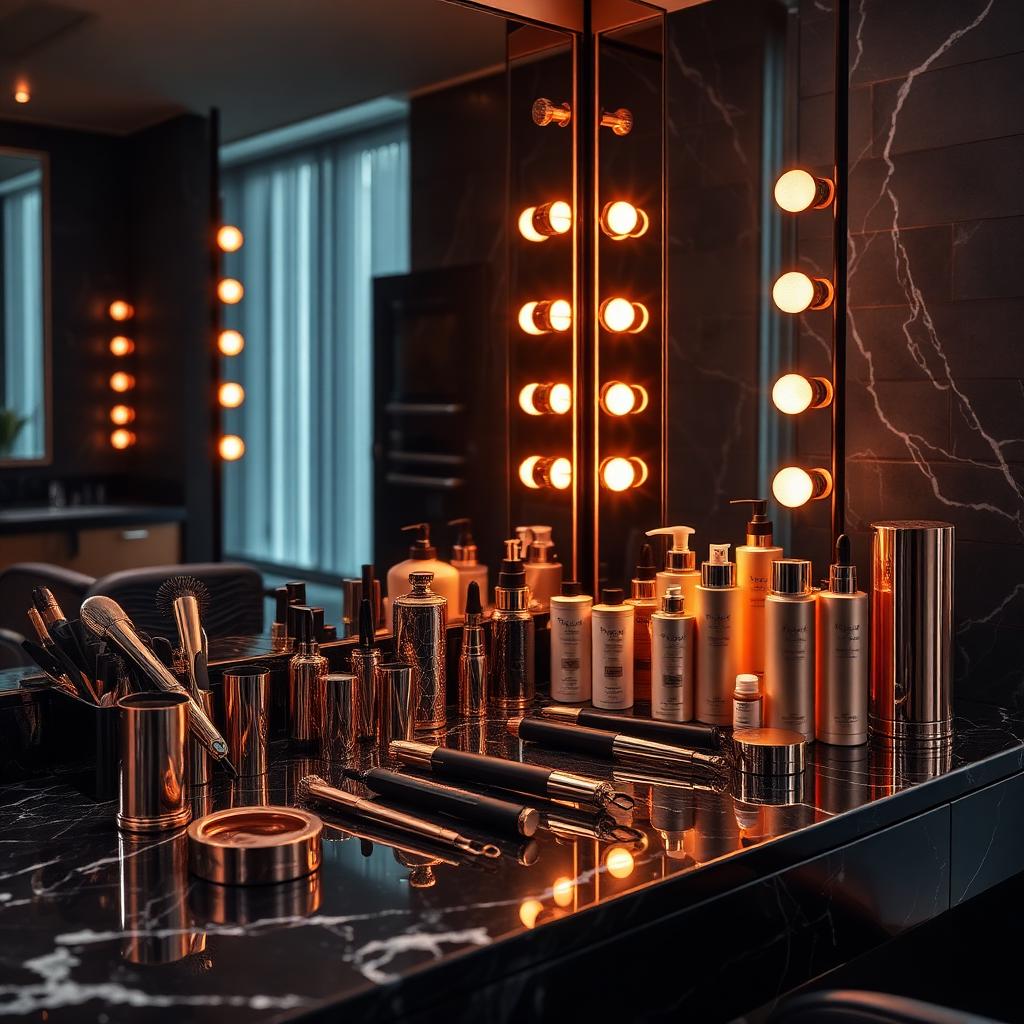 Luxury hair styling station with rose-gold tools and premium products on black marble — Slayed By Millie beauty and styling.