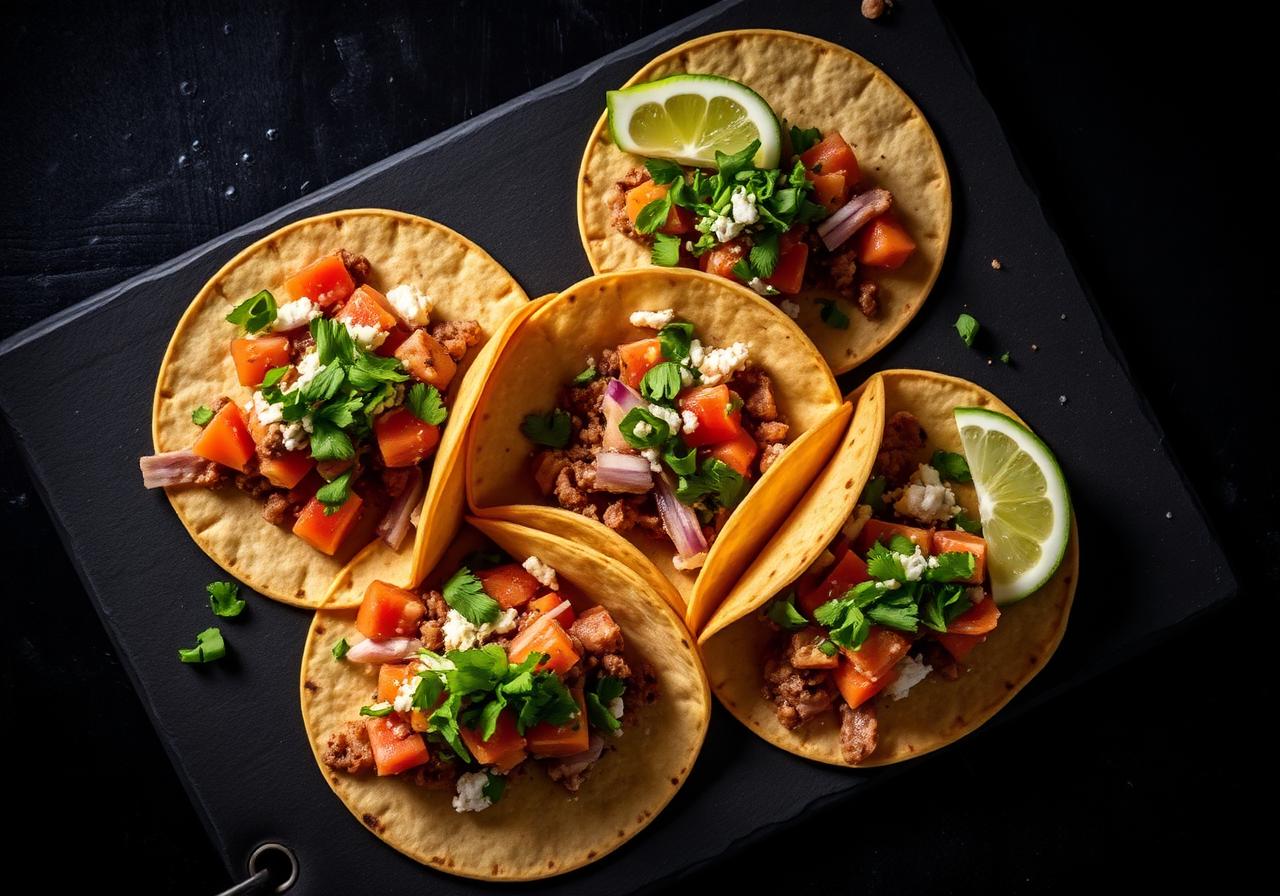 Gourmet street tacos plated on dark slate with moody editorial lighting — Tipsy Tacos Atlanta pop-up catering.