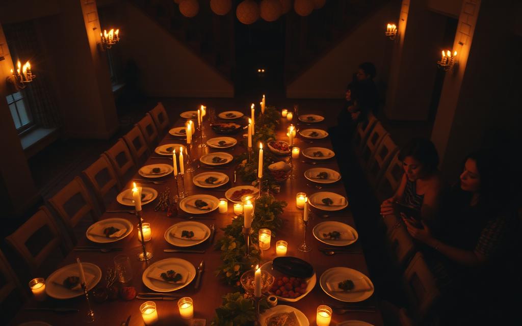Warm communal dinner table lit by candlelight — Together We Eat Foundation community meals and mentorship.